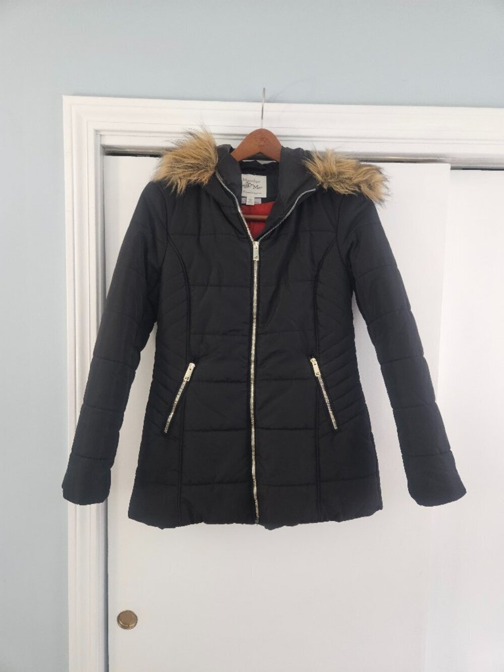 Maralyn & Me Black Faux-Fur Hooded Mid Length Puffer Large Coat - Picture 3 of 11